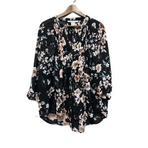American Rag Floral Blouse Womens Large Black Excellent Pintuck Button Front
